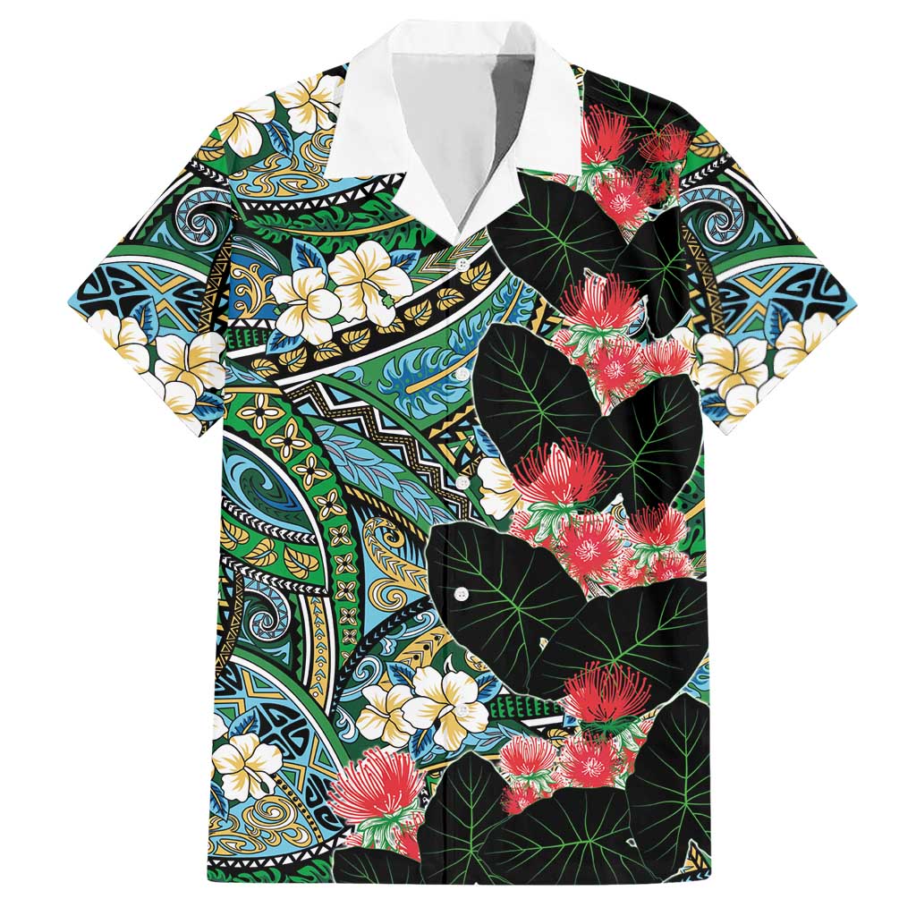 Hawaiian Taro Leaves and Ohia Lehua Hawaiian Shirt Polynesian Tribal Art Tropical Plants Motifs Colorful