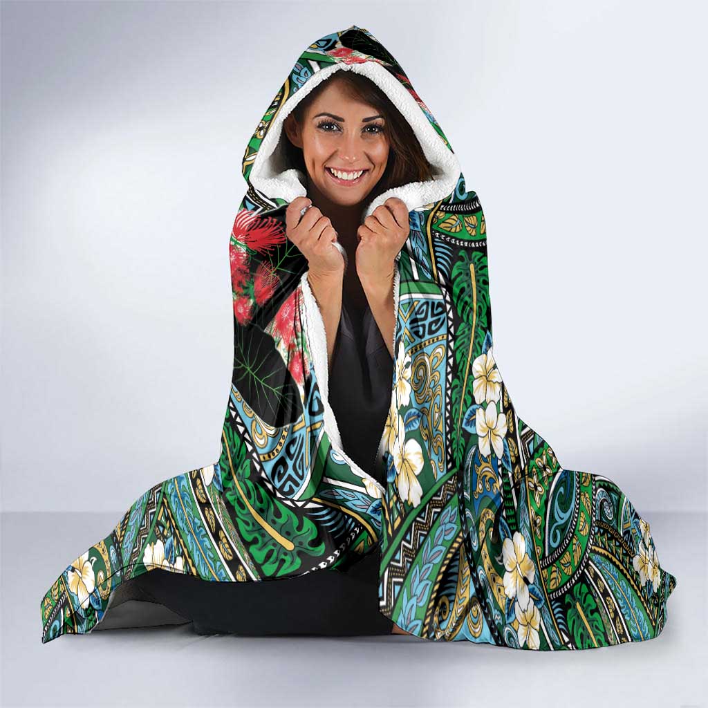 Hawaiian Taro Leaves and Ohia Lehua Hooded Blanket Polynesian Tribal Art Tropical Plants Motifs Colorful LT03 - Polynesian Pride