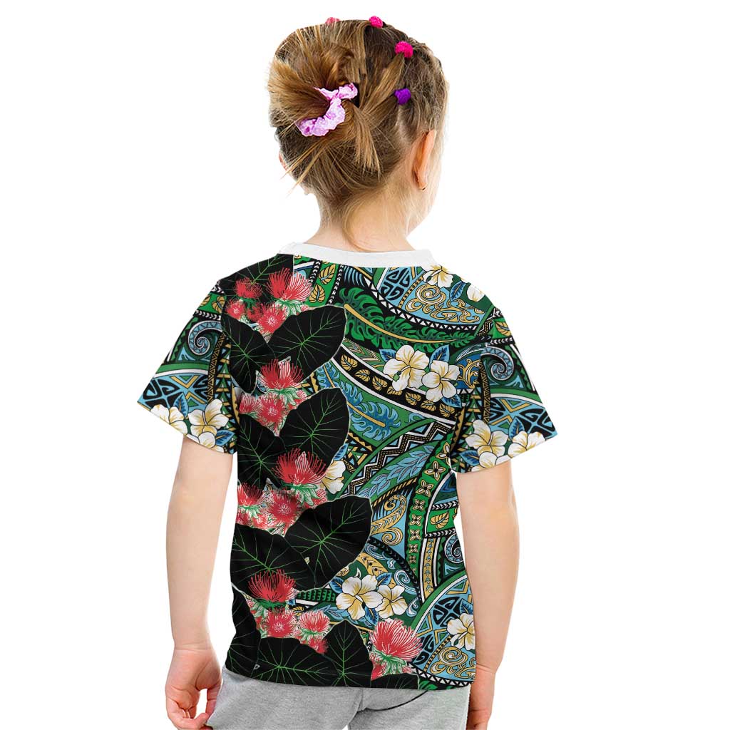Hawaiian Taro Leaves and Ohia Lehua Kid T Shirt Polynesian Tribal Art Tropical Plants Motifs Colorful LT03 - Polynesian Pride