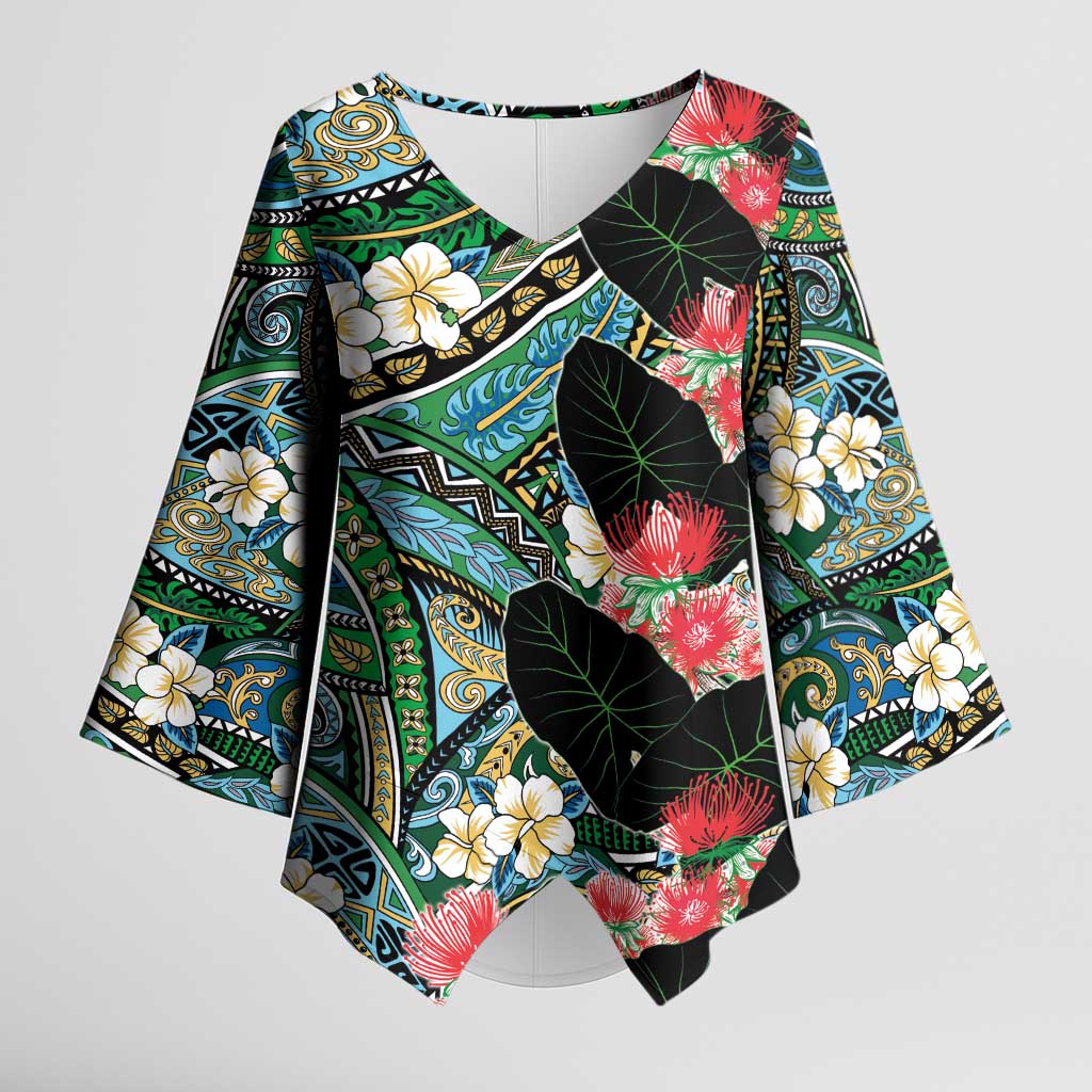 Hawaiian Taro Leaves and Ohia Lehua Kimono Sleeve Blouse Polynesian Tribal Art Tropical Plants Motifs Colorful LT03 Female Multicolor - Polynesian Pride