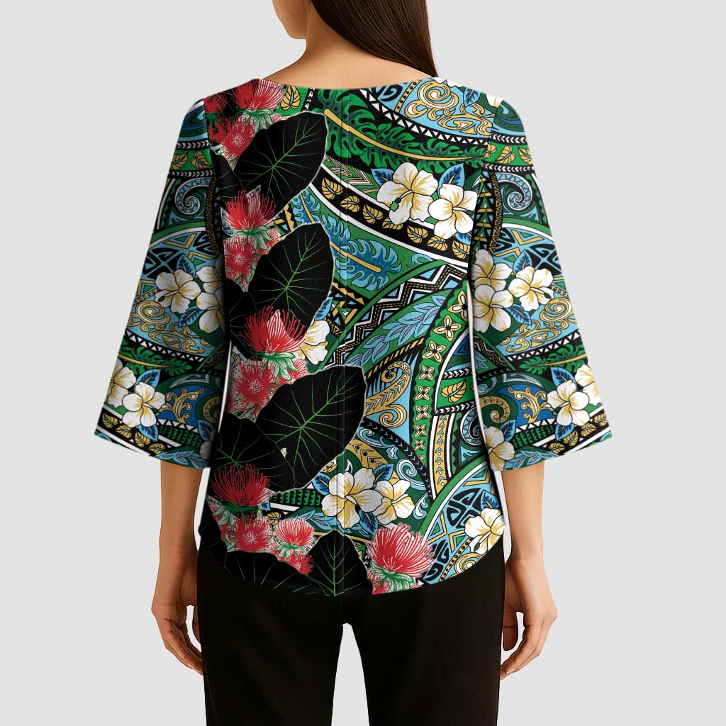 Hawaiian Taro Leaves and Ohia Lehua Kimono Sleeve Blouse Polynesian Tribal Art Tropical Plants Motifs Colorful LT03 - Polynesian Pride
