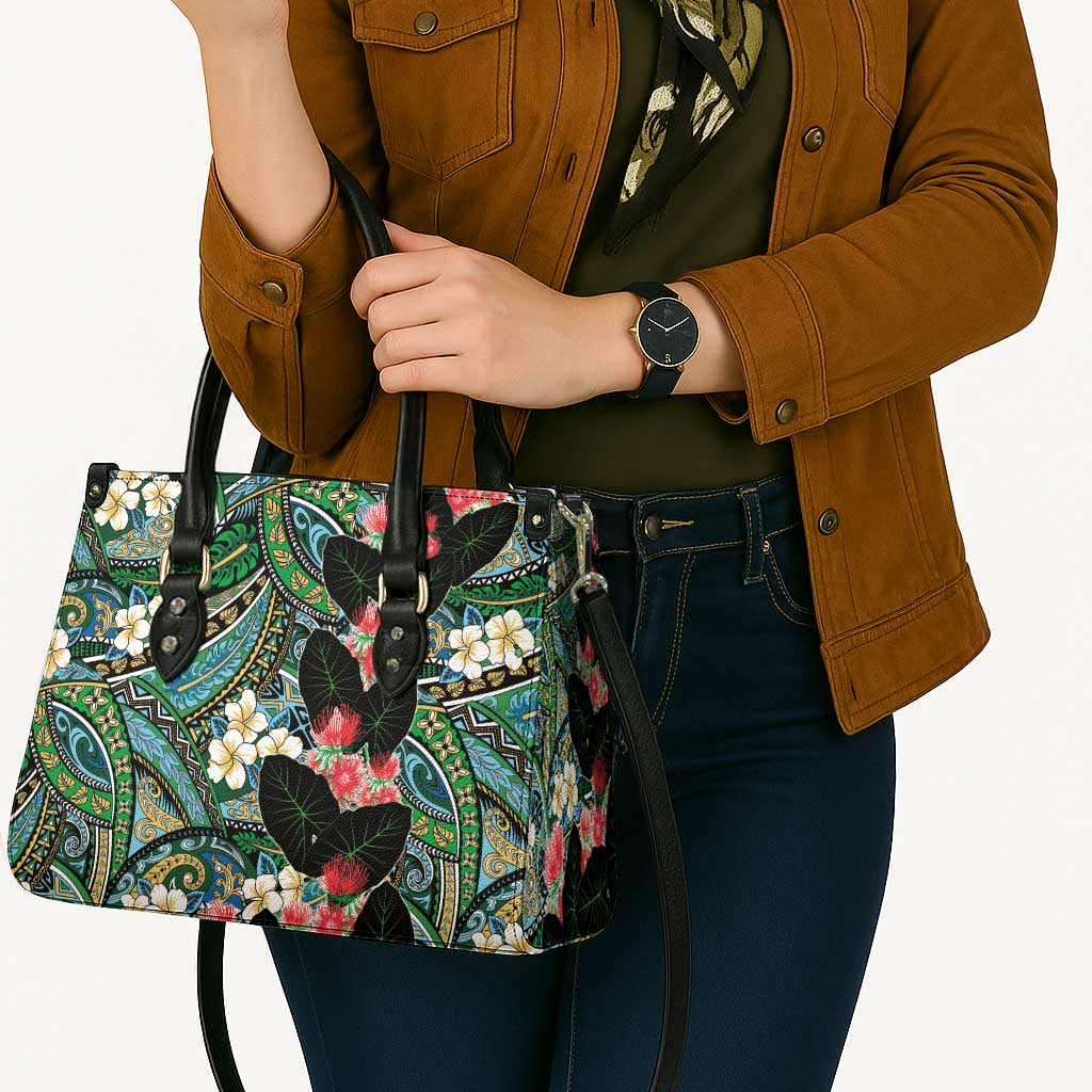 Hawaiian Taro Leaves and Ohia Lehua Leather Bag Polynesian Tribal Art Tropical Plants Motifs Colorful LT03 - Polynesian Pride