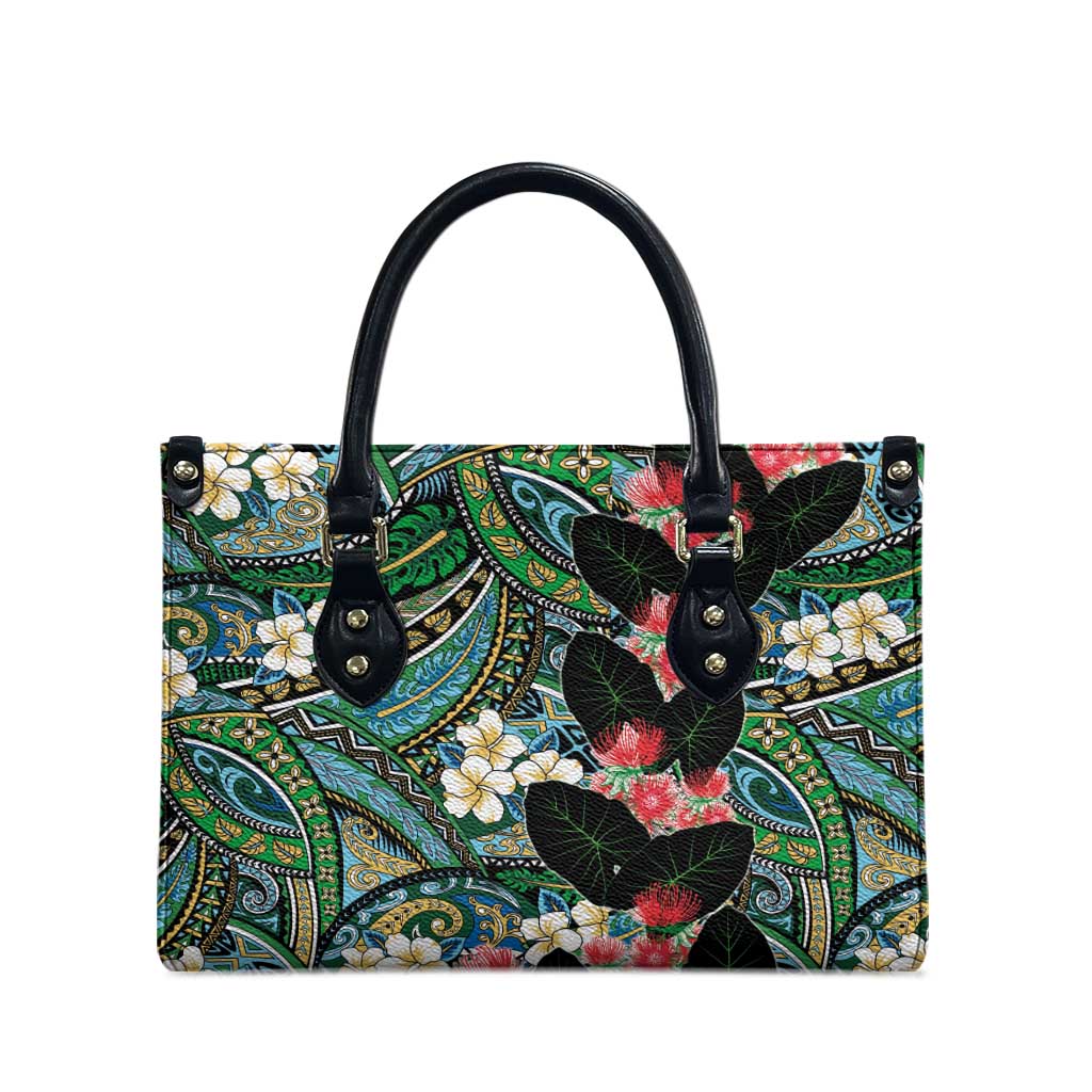 Hawaiian Taro Leaves and Ohia Lehua Leather Bag Polynesian Tribal Art Tropical Plants Motifs Colorful LT03 - Polynesian Pride