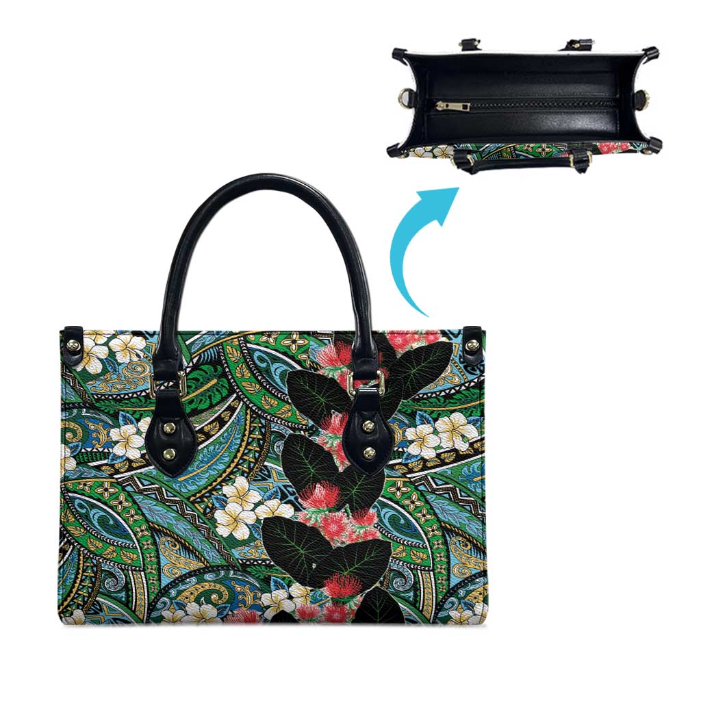 Hawaiian Taro Leaves and Ohia Lehua Leather Bag Polynesian Tribal Art Tropical Plants Motifs Colorful LT03 - Polynesian Pride