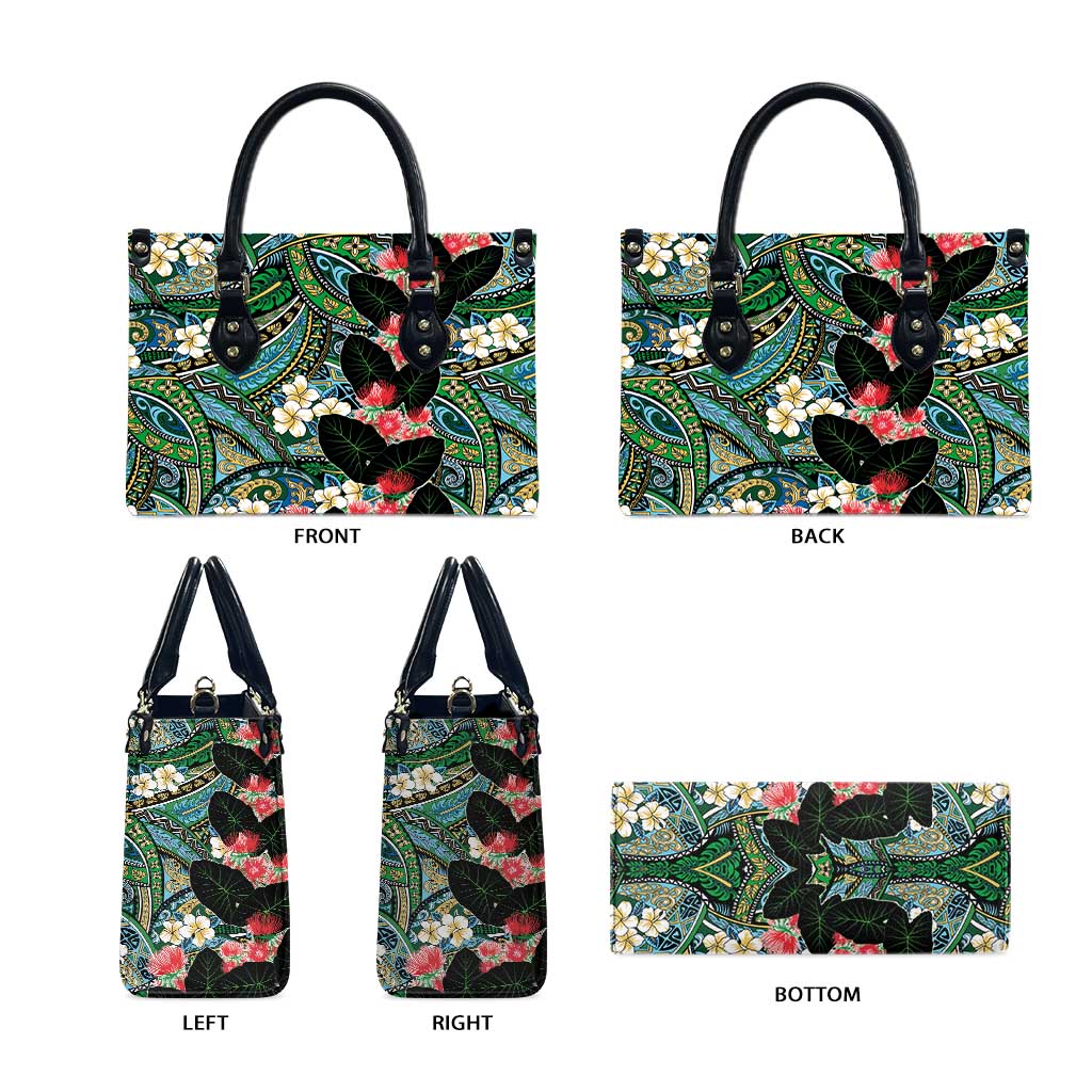 Hawaiian Taro Leaves and Ohia Lehua Leather Bag Polynesian Tribal Art Tropical Plants Motifs Colorful LT03 - Polynesian Pride