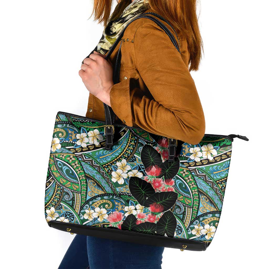Hawaiian Taro Leaves and Ohia Lehua Leather Tote Bag Polynesian Tribal Art Tropical Plants Motifs Colorful LT03 Multicolor - Polynesian Pride