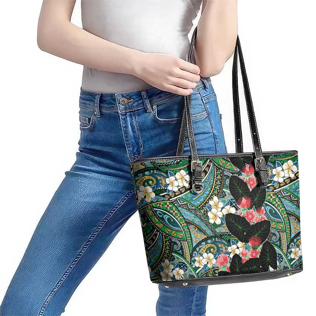 Hawaiian Taro Leaves and Ohia Lehua Leather Tote Bag Polynesian Tribal Art Tropical Plants Motifs Colorful LT03 - Polynesian Pride