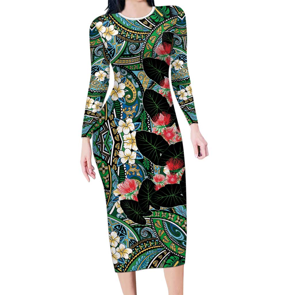 Hawaiian Taro Leaves and Ohia Lehua Long Sleeve Bodycon Dress Polynesian Tribal Art Tropical Plants Motifs Colorful LT03 Long Dress Multicolor - Polynesian Pride