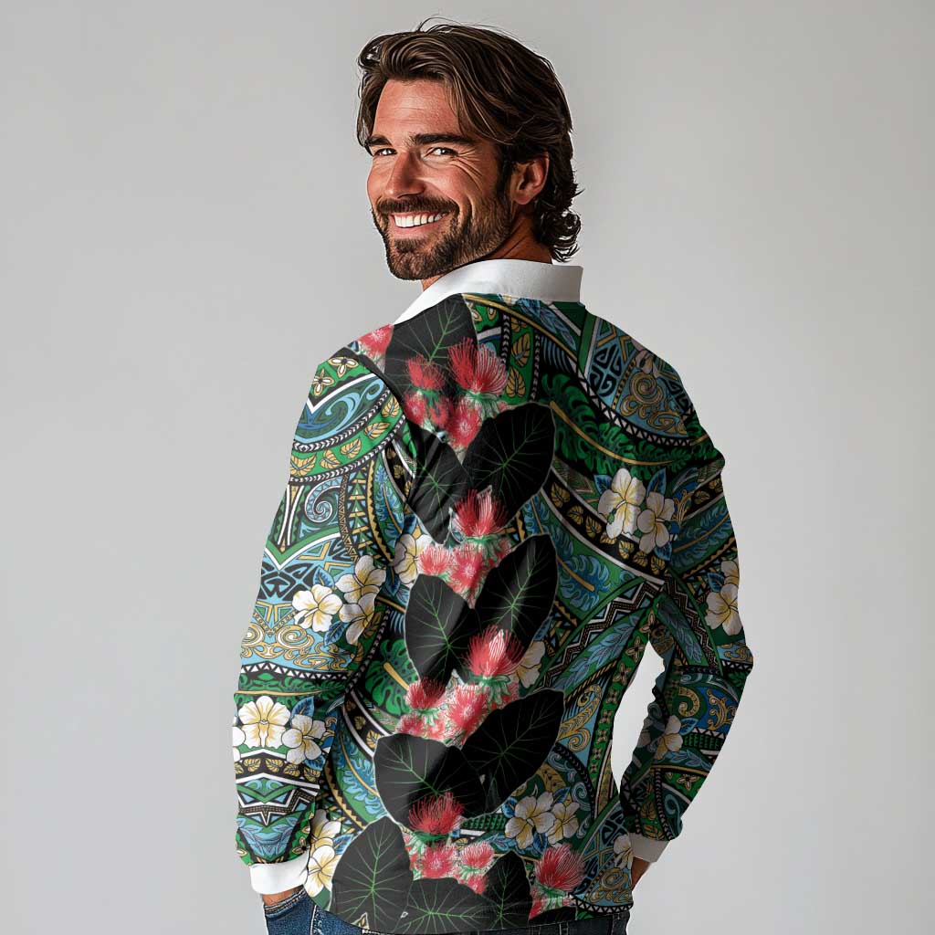 Hawaiian Taro Leaves and Ohia Lehua Long Sleeve Polo Shirt Polynesian Tribal Art Tropical Plants Motifs Colorful LT03 - Polynesian Pride