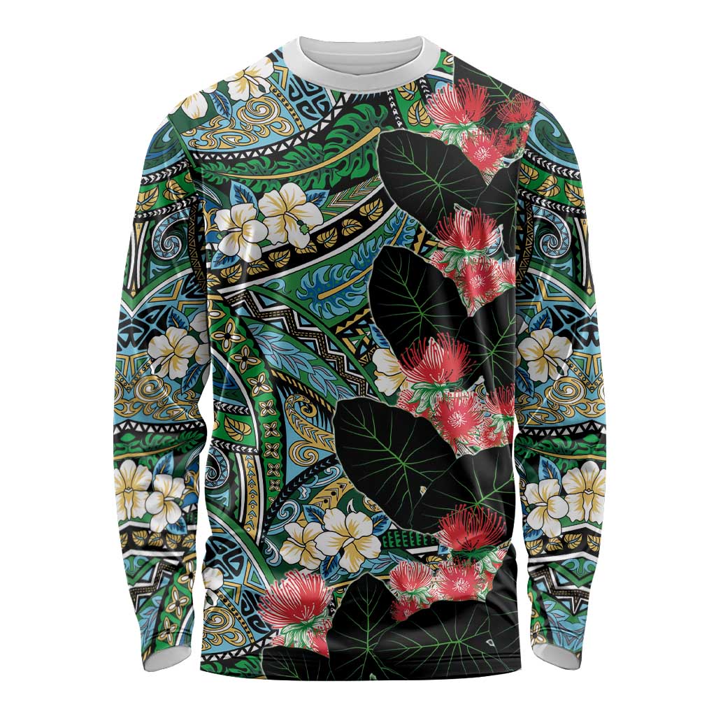 Hawaiian Taro Leaves and Ohia Lehua Long Sleeve Shirt Polynesian Tribal Art Tropical Plants Motifs Colorful LT03 Unisex Multicolor - Polynesian Pride