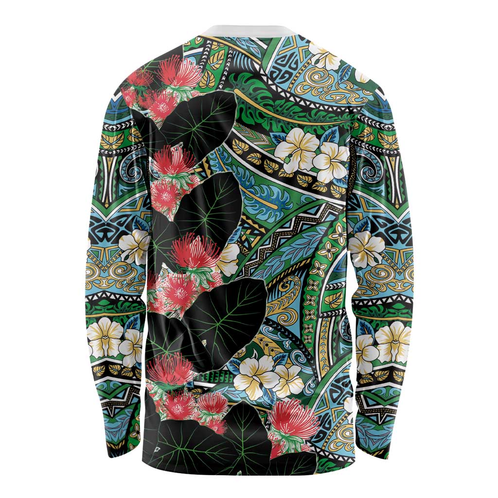 Hawaiian Taro Leaves and Ohia Lehua Long Sleeve Shirt Polynesian Tribal Art Tropical Plants Motifs Colorful LT03 - Polynesian Pride