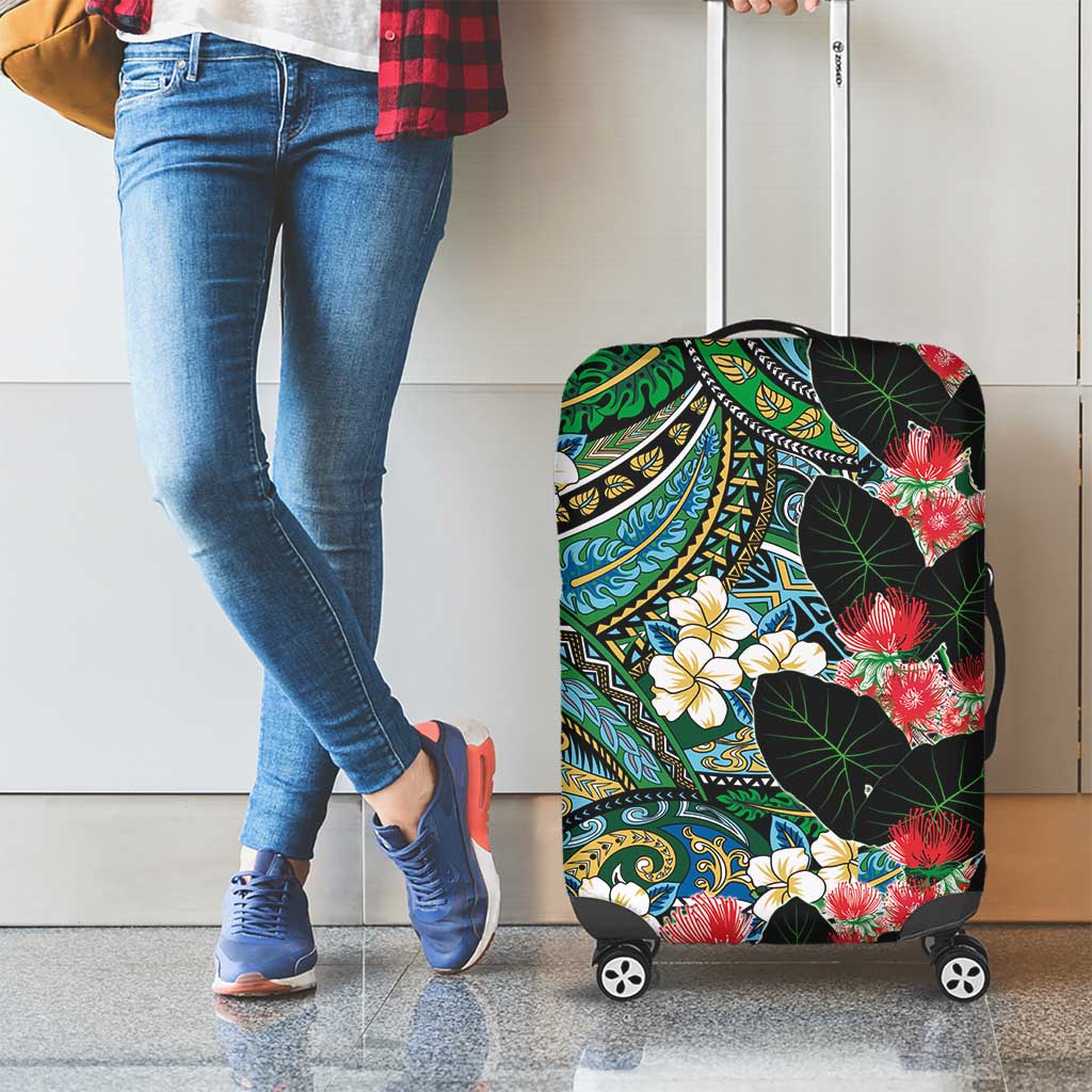 Hawaiian Taro Leaves and Ohia Lehua Luggage Cover Polynesian Tribal Art Tropical Plants Motifs Colorful LT03 - Polynesian Pride