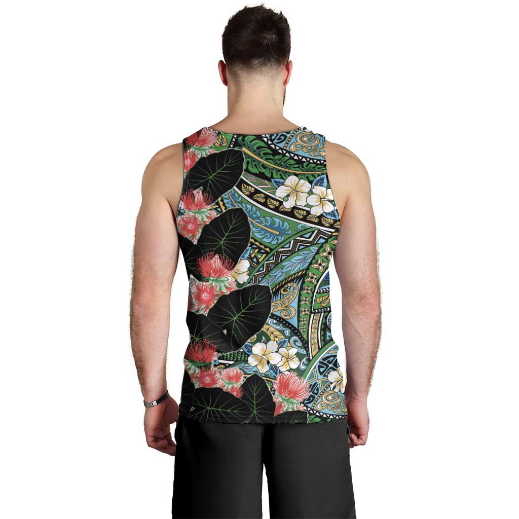 Hawaiian Taro Leaves and Ohia Lehua Men Tank Top Polynesian Tribal Art Tropical Plants Motifs Colorful LT03 - Polynesian Pride