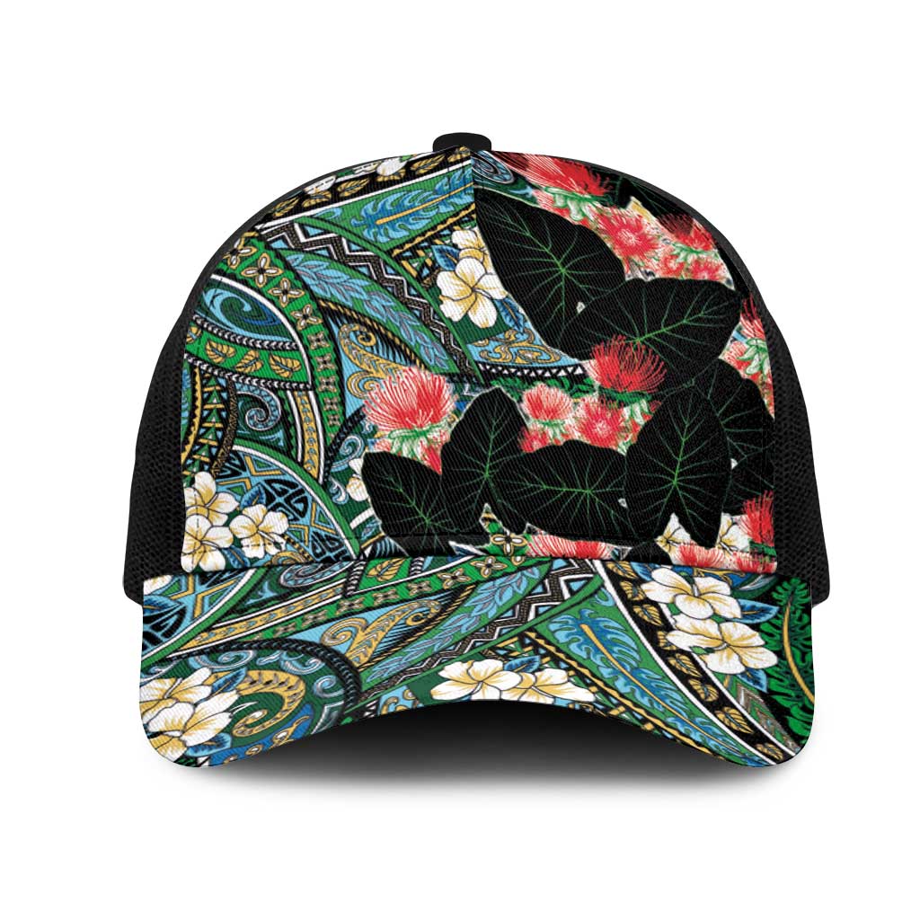 Hawaiian Taro Leaves and Ohia Lehua Mesh Trucker Cap Polynesian Tribal Art Tropical Plants Motifs Colorful LT03 One Size Black Multicolor - Polynesian Pride