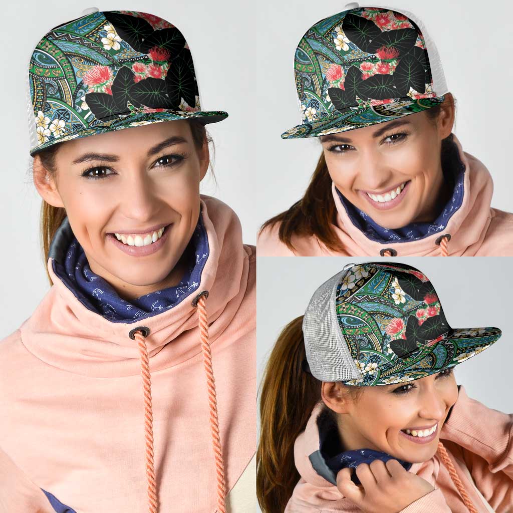 Hawaiian Taro Leaves and Ohia Lehua Mesh Trucker Cap Polynesian Tribal Art Tropical Plants Motifs Colorful LT03 - Polynesian Pride