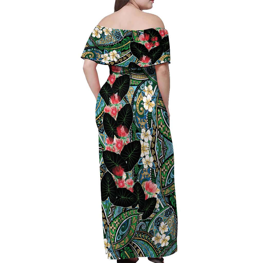 Hawaiian Taro Leaves and Ohia Lehua Off Shoulder Maxi Dress Polynesian Tribal Art Tropical Plants Motifs Colorful LT03 - Polynesian Pride