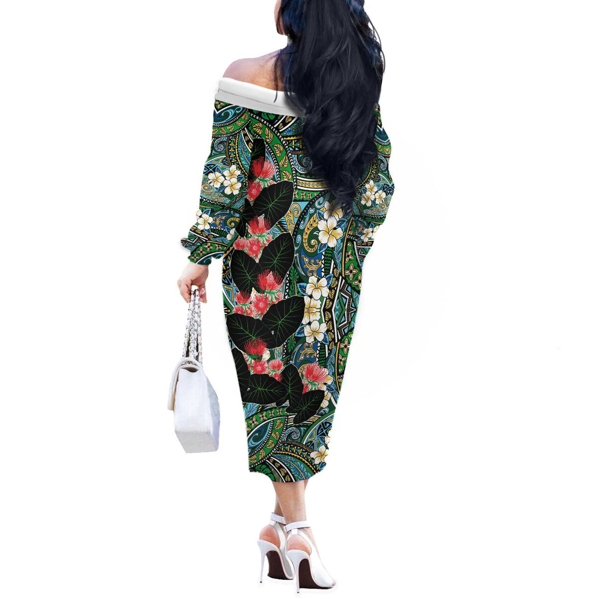 Hawaiian Taro Leaves and Ohia Lehua Off The Shoulder Long Sleeve Dress Polynesian Tribal Art Tropical Plants Motifs Colorful LT03 - Polynesian Pride