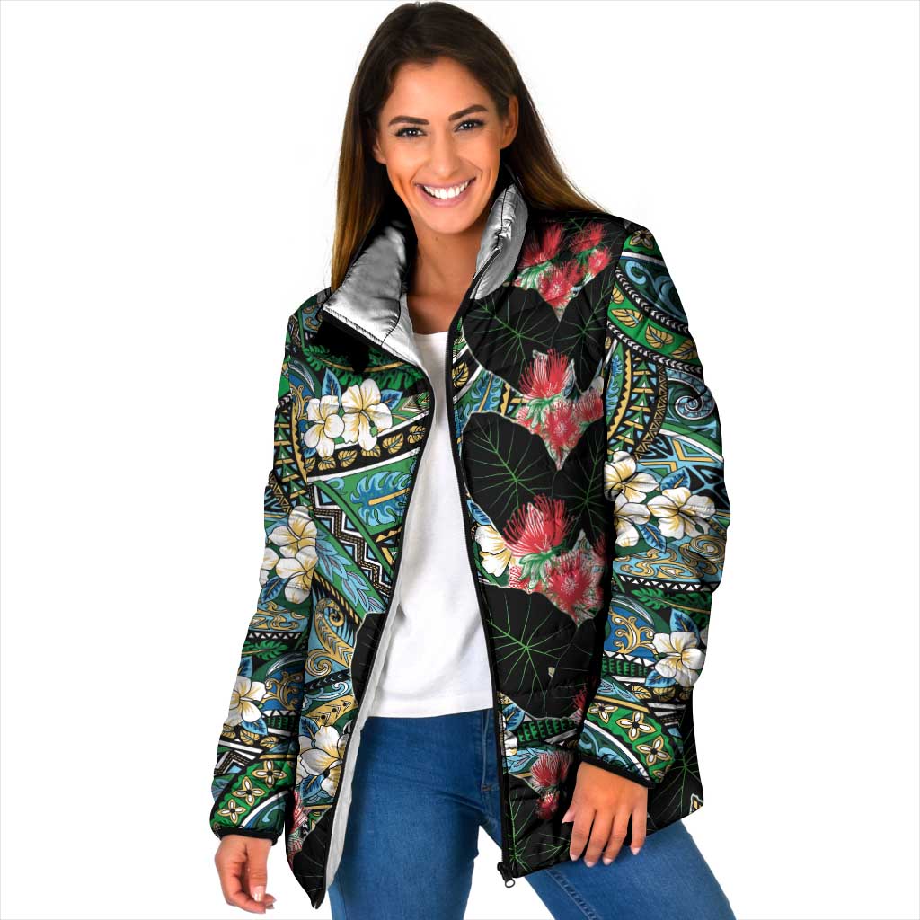 Hawaiian Taro Leaves and Ohia Lehua Padded Jacket Polynesian Tribal Art Tropical Plants Motifs Colorful LT03 Women Multicolor - Polynesian Pride