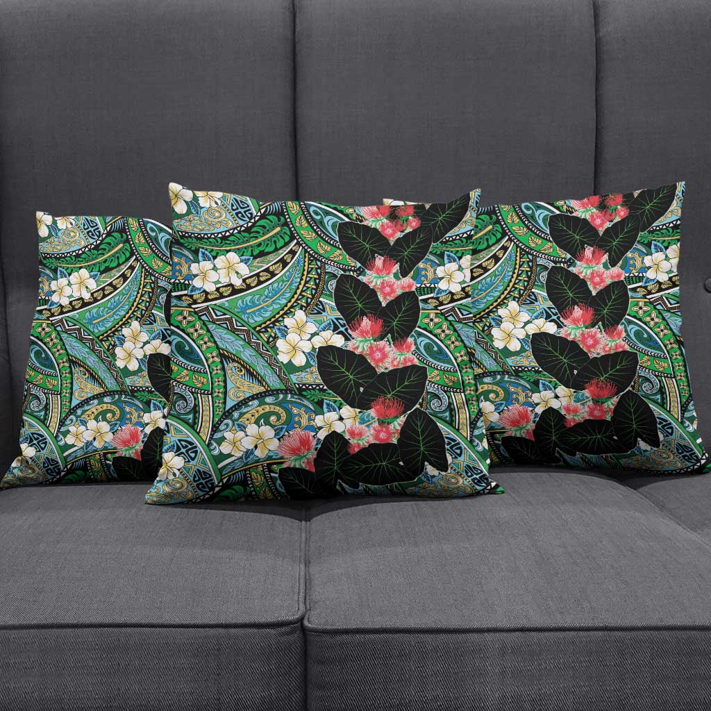 Hawaiian Taro Leaves and Ohia Lehua Pillow Cover Polynesian Tribal Art Tropical Plants Motifs Colorful LT03 - Polynesian Pride