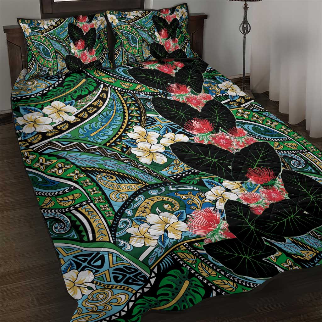 Hawaiian Taro Leaves and Ohia Lehua Quilt Bed Set Polynesian Tribal Art Tropical Plants Motifs Colorful