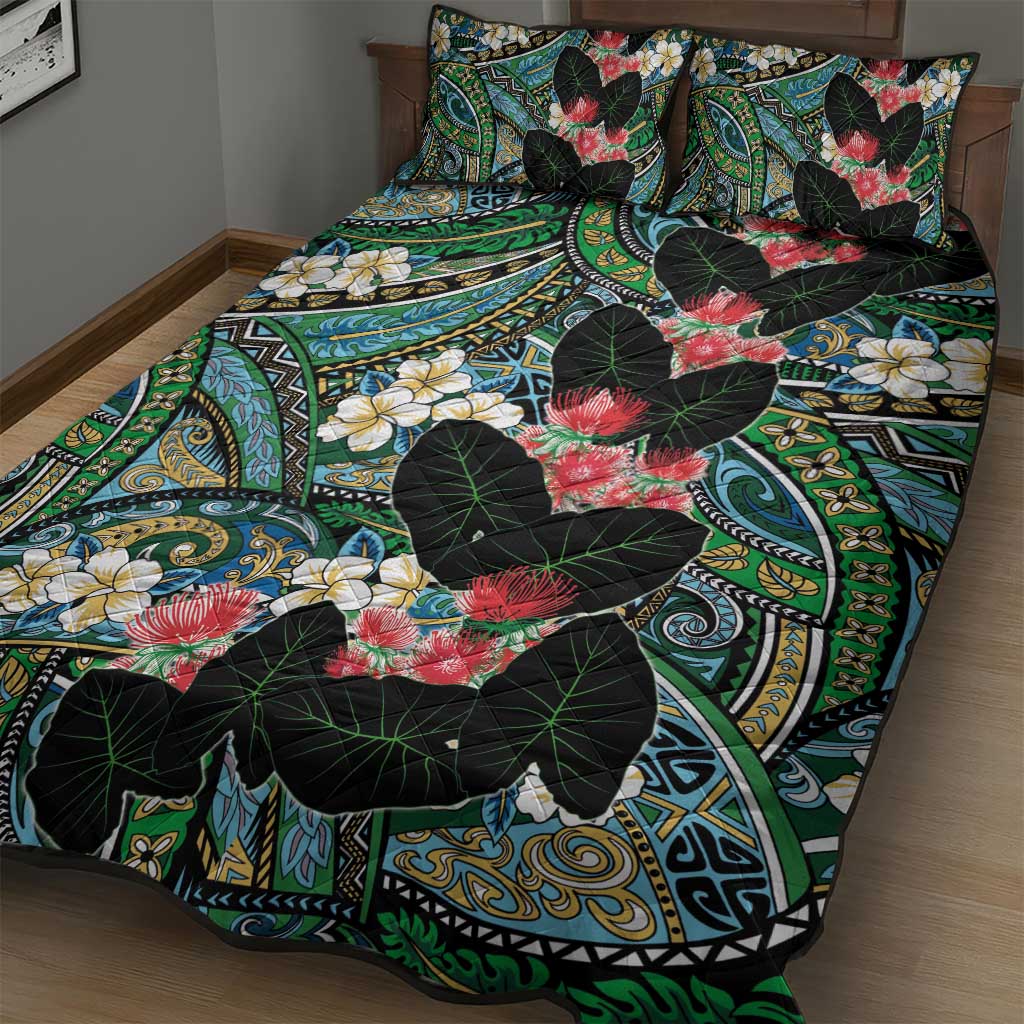 Hawaiian Taro Leaves and Ohia Lehua Quilt Bed Set Polynesian Tribal Art Tropical Plants Motifs Colorful LT03 - Polynesian Pride