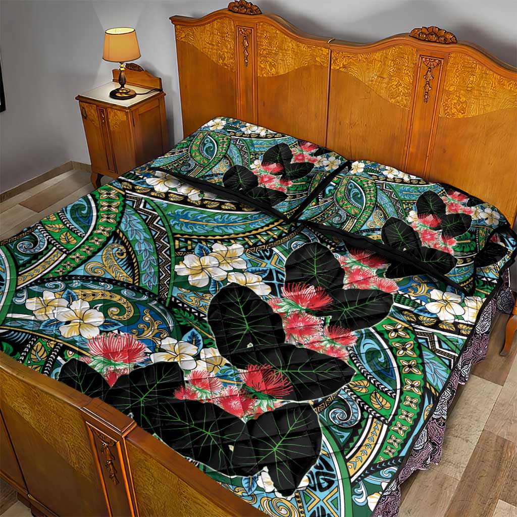 Hawaiian Taro Leaves and Ohia Lehua Quilt Bed Set Polynesian Tribal Art Tropical Plants Motifs Colorful LT03 - Polynesian Pride