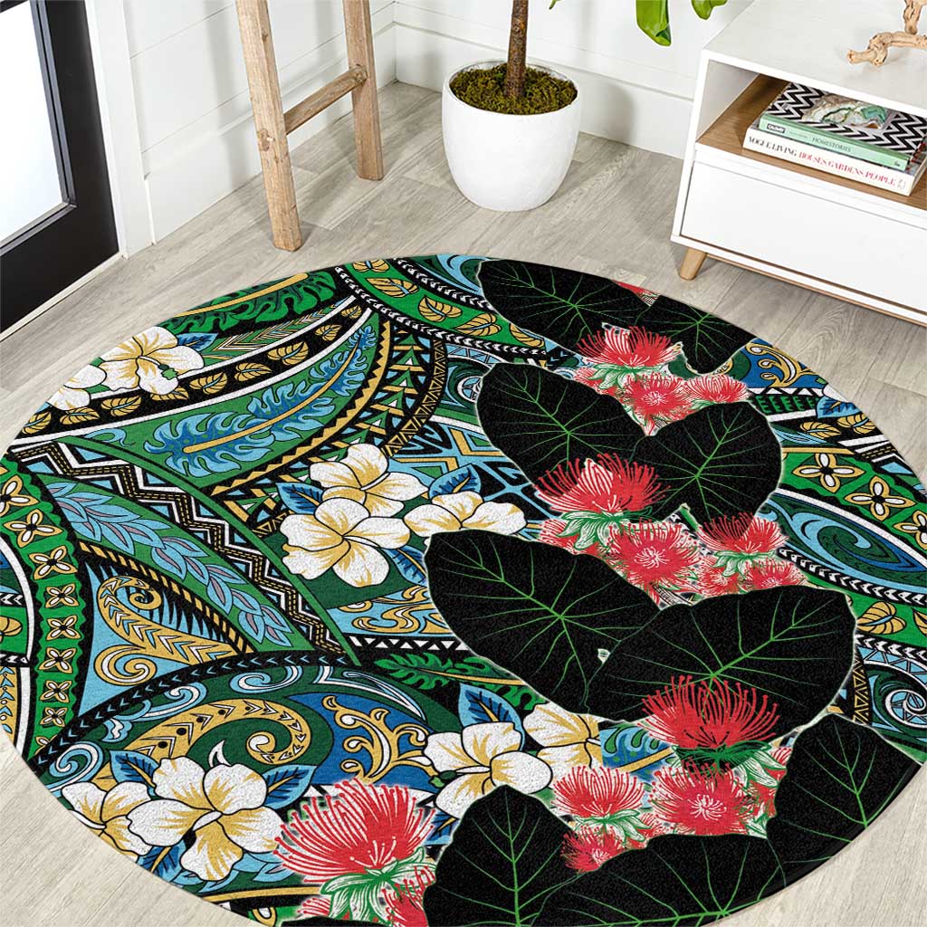 Hawaiian Taro Leaves and Ohia Lehua Round Carpet Polynesian Tribal Art Tropical Plants Motifs Colorful LT03 Multicolor - Polynesian Pride