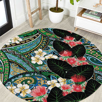 Hawaiian Taro Leaves and Ohia Lehua Round Carpet Polynesian Tribal Art Tropical Plants Motifs Colorful LT03 Multicolor - Polynesian Pride