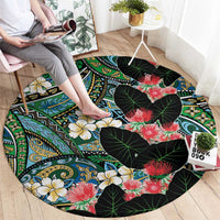 Hawaiian Taro Leaves and Ohia Lehua Round Carpet Polynesian Tribal Art Tropical Plants Motifs Colorful LT03 - Polynesian Pride
