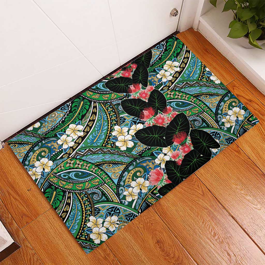 Hawaiian Taro Leaves and Ohia Lehua Rubber Doormat Polynesian Tribal Art Tropical Plants Motifs Colorful LT03 - Polynesian Pride