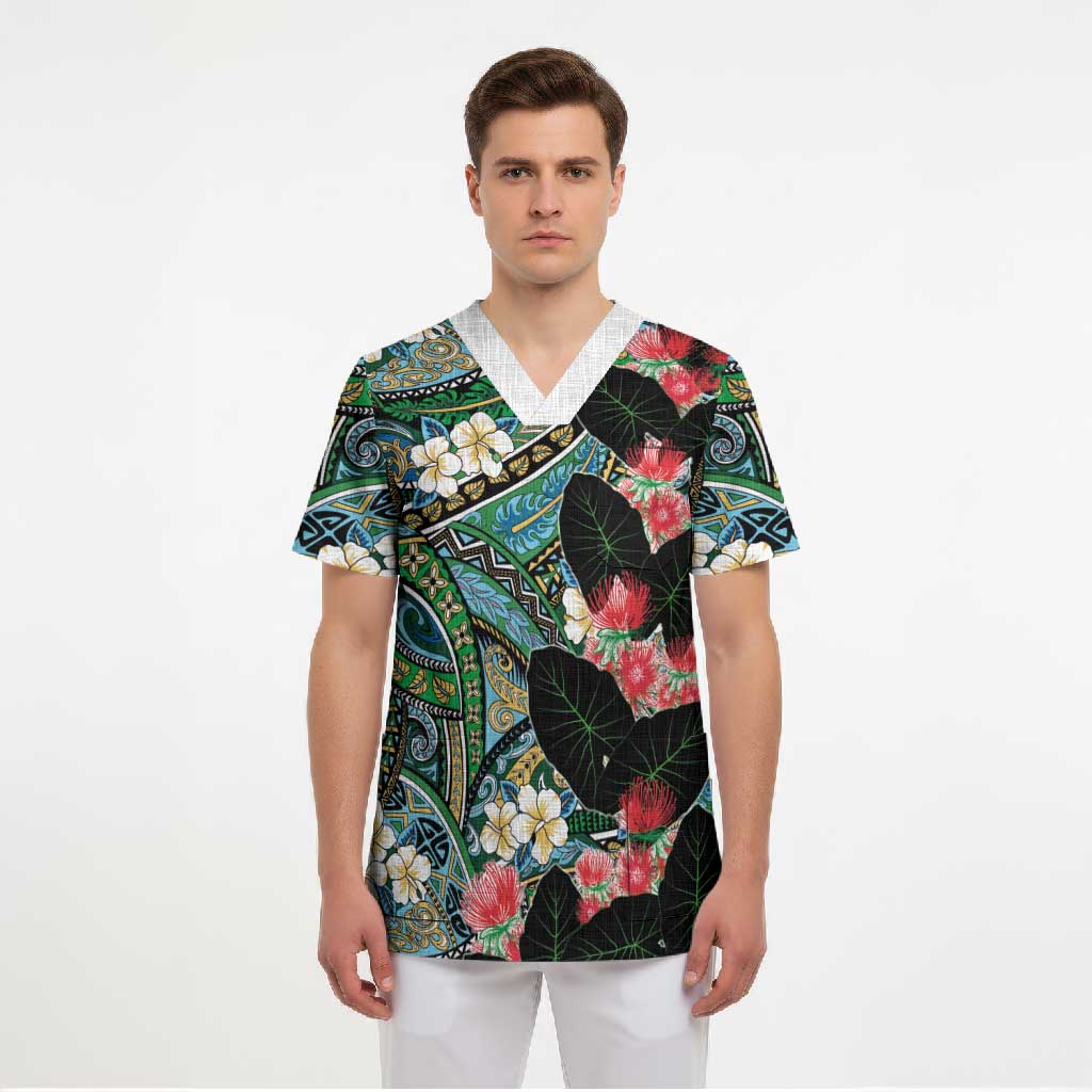Hawaiian Taro Leaves and Ohia Lehua Scrub Top Polynesian Tribal Art Tropical Plants Motifs Colorful LT03 - Polynesian Pride
