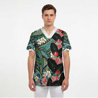 Hawaiian Taro Leaves and Ohia Lehua Scrub Top Polynesian Tribal Art Tropical Plants Motifs Colorful LT03 - Polynesian Pride