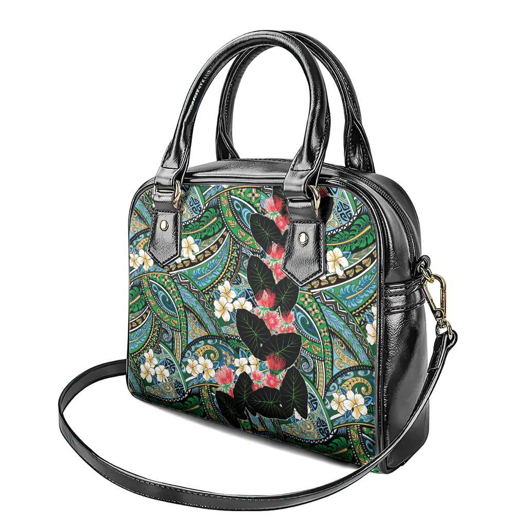 Hawaiian Taro Leaves and Ohia Lehua Shoulder Handbag Polynesian Tribal Art Tropical Plants Motifs Colorful LT03 - Polynesian Pride