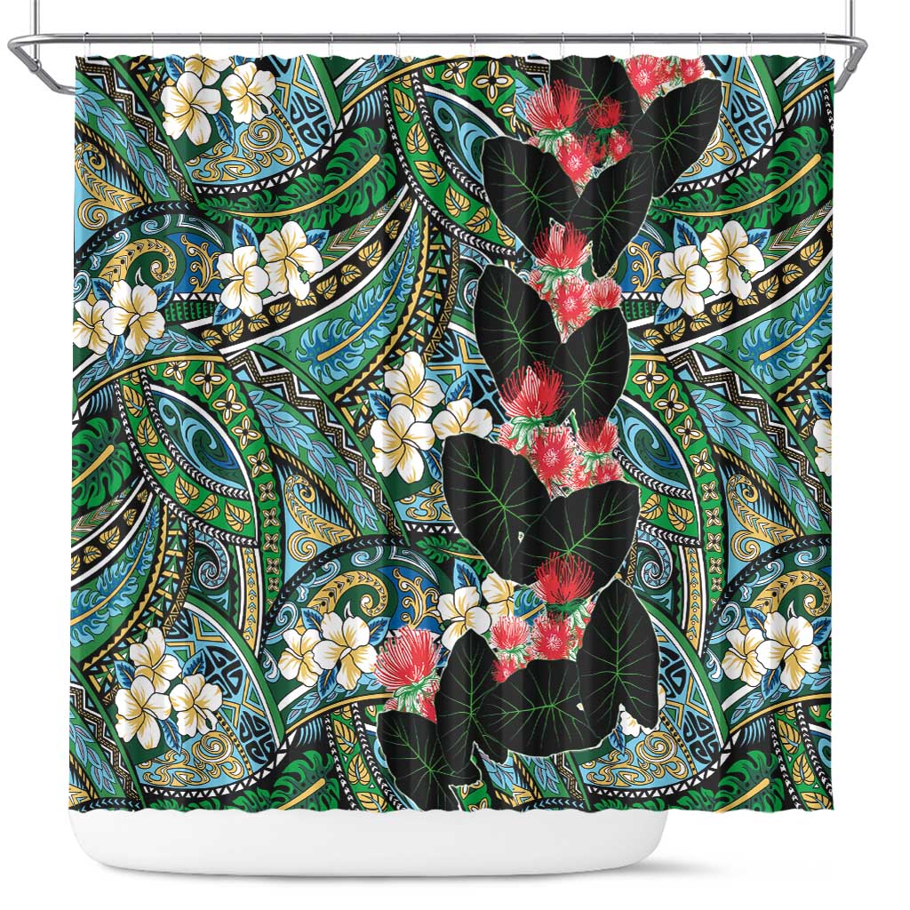 Hawaiian Taro Leaves and Ohia Lehua Shower Curtain Polynesian Tribal Art Tropical Plants Motifs Colorful LT03 Multicolor - Polynesian Pride