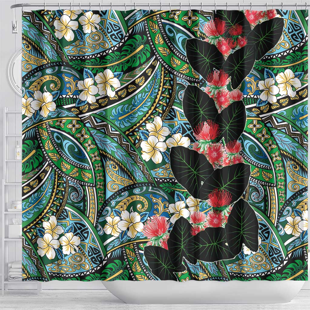 Hawaiian Taro Leaves and Ohia Lehua Shower Curtain Polynesian Tribal Art Tropical Plants Motifs Colorful LT03 - Polynesian Pride