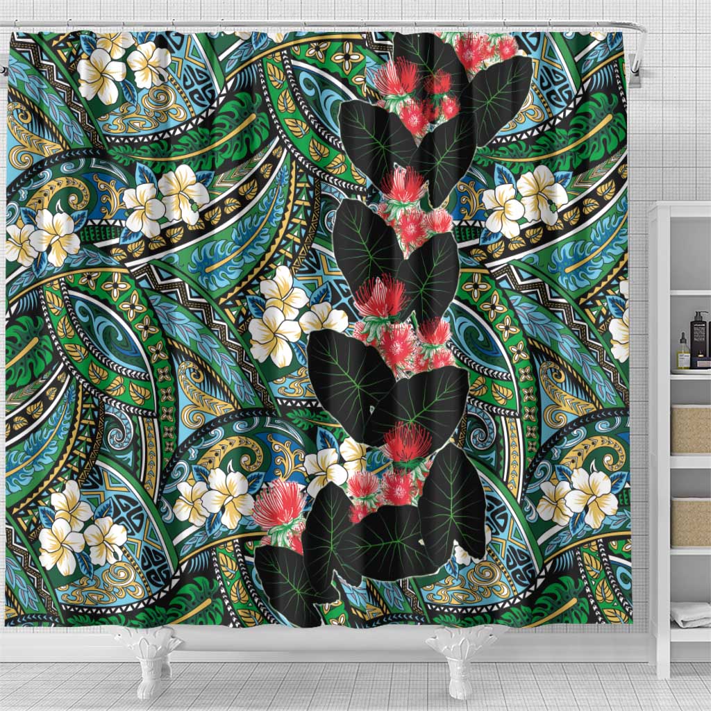Hawaiian Taro Leaves and Ohia Lehua Shower Curtain Polynesian Tribal Art Tropical Plants Motifs Colorful LT03 - Polynesian Pride