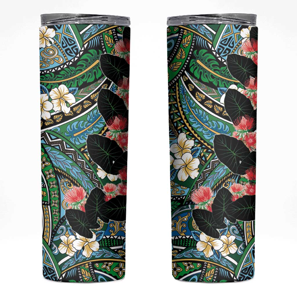 Hawaiian Taro Leaves and Ohia Lehua Skinny Tumbler Polynesian Tribal Art Tropical Plants Motifs Colorful