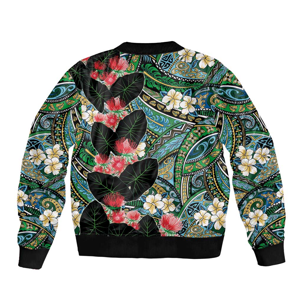 Hawaiian Taro Leaves and Ohia Lehua Sleeve Zip Bomber Jacket Polynesian Tribal Art Tropical Plants Motifs Colorful LT03 - Polynesian Pride