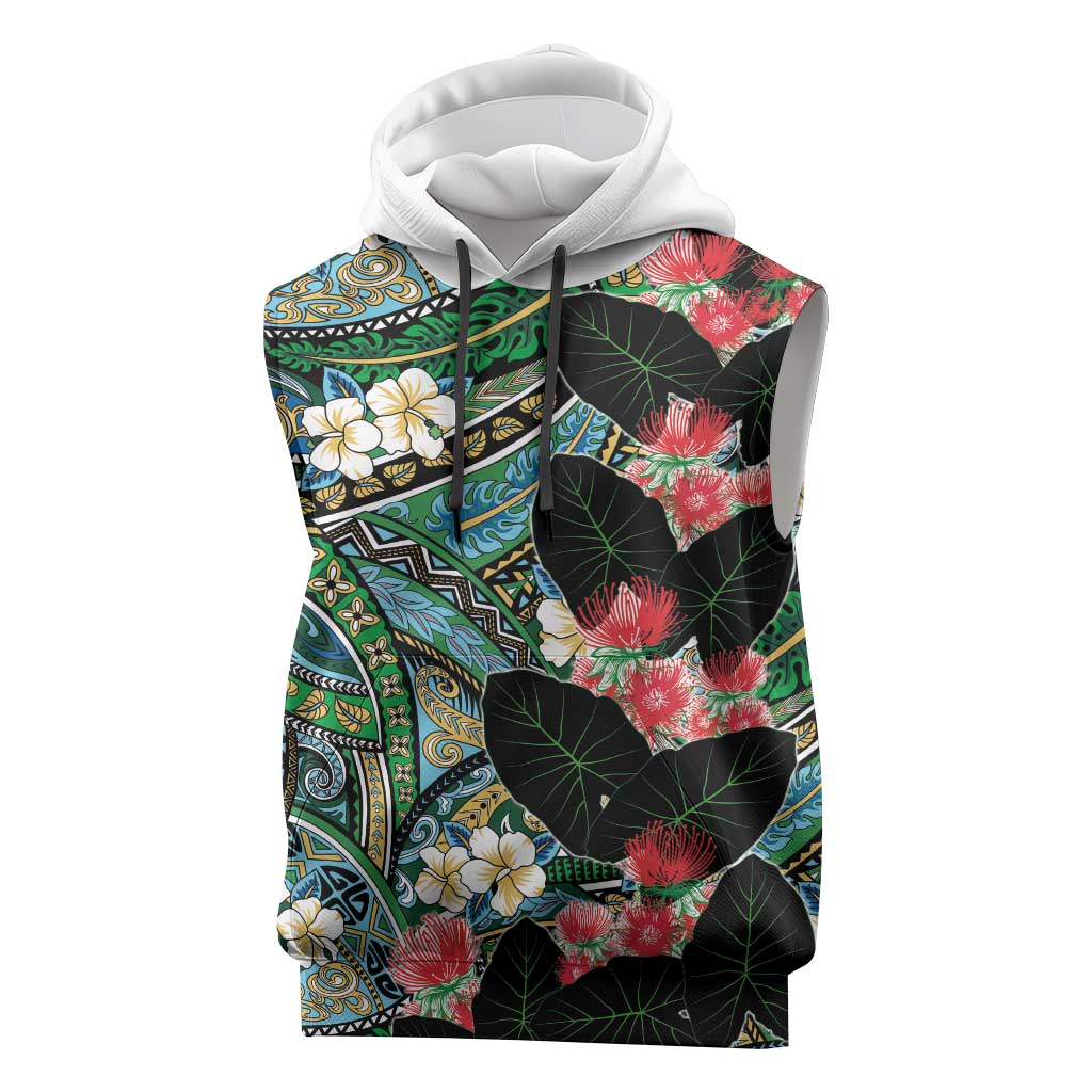 Hawaiian Taro Leaves and Ohia Lehua Sleeveless Hoodie Polynesian Tribal Art Tropical Plants Motifs Colorful
