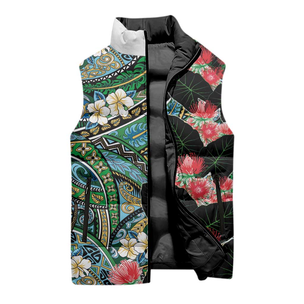 Hawaiian Taro Leaves and Ohia Lehua Sleeveless Puffer Jacket Polynesian Tribal Art Tropical Plants Motifs Colorful LT03 - Polynesian Pride