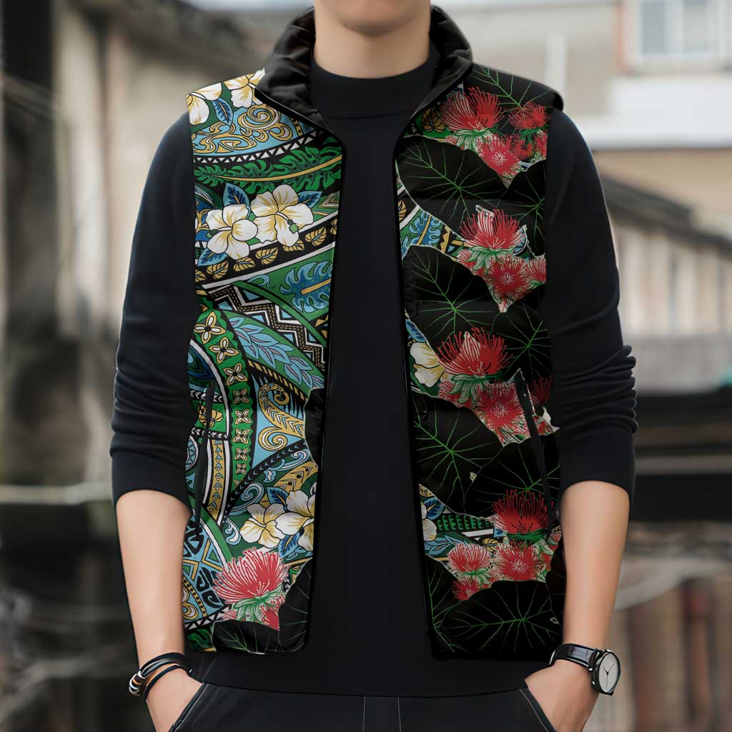 Hawaiian Taro Leaves and Ohia Lehua Sleeveless Puffer Jacket Polynesian Tribal Art Tropical Plants Motifs Colorful LT03 - Polynesian Pride