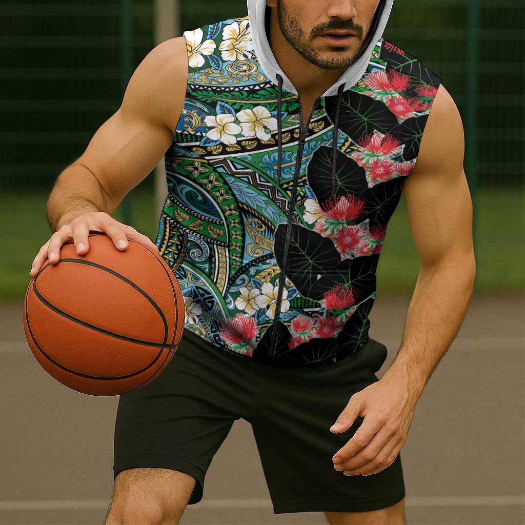 Hawaiian Taro Leaves and Ohia Lehua Sleeveless Zip Hoodie Polynesian Tribal Art Tropical Plants Motifs Colorful LT03 - Polynesian Pride