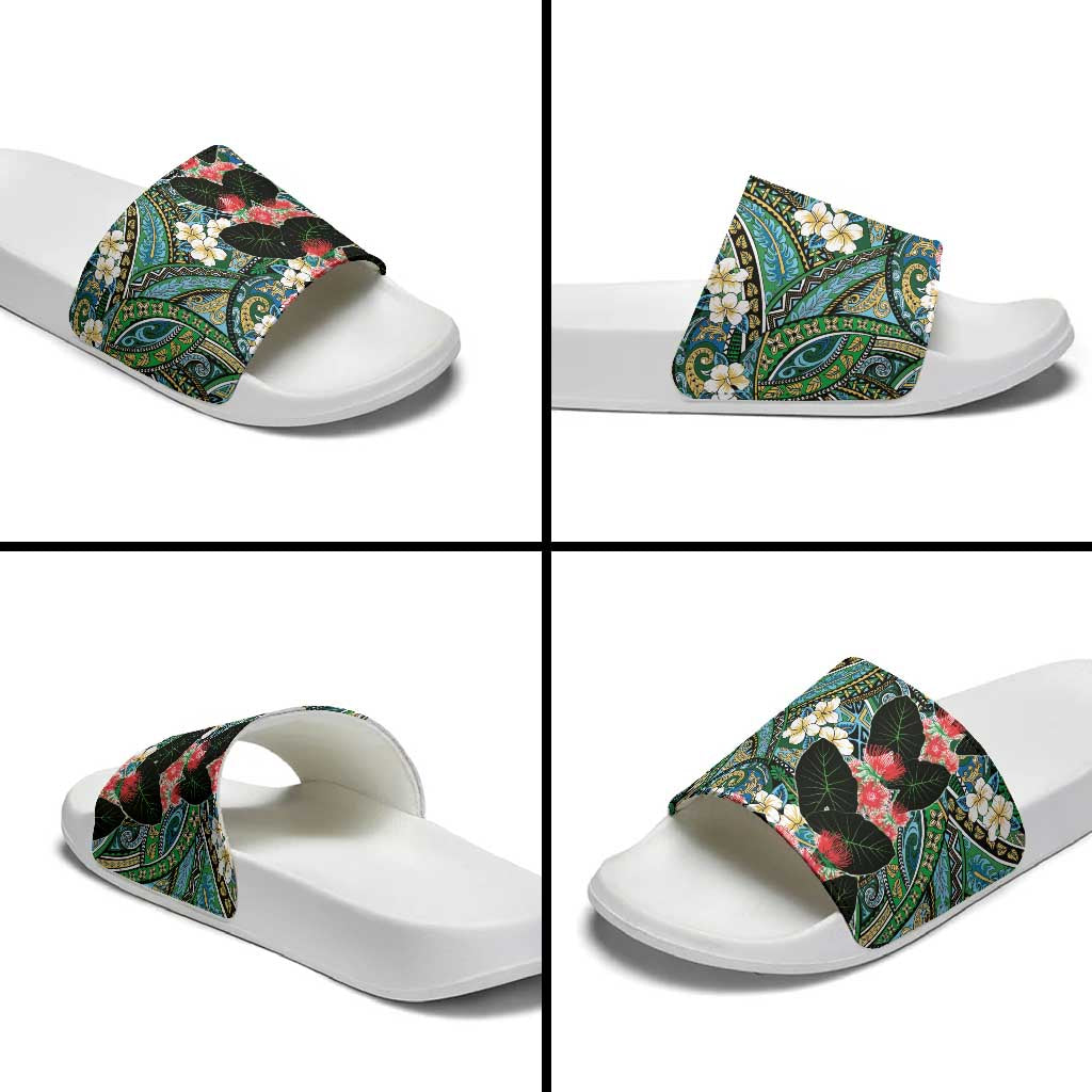 Hawaiian Taro Leaves and Ohia Lehua Slide Sandals Polynesian Tribal Art Tropical Plants Motifs Colorful LT03 - Polynesian Pride