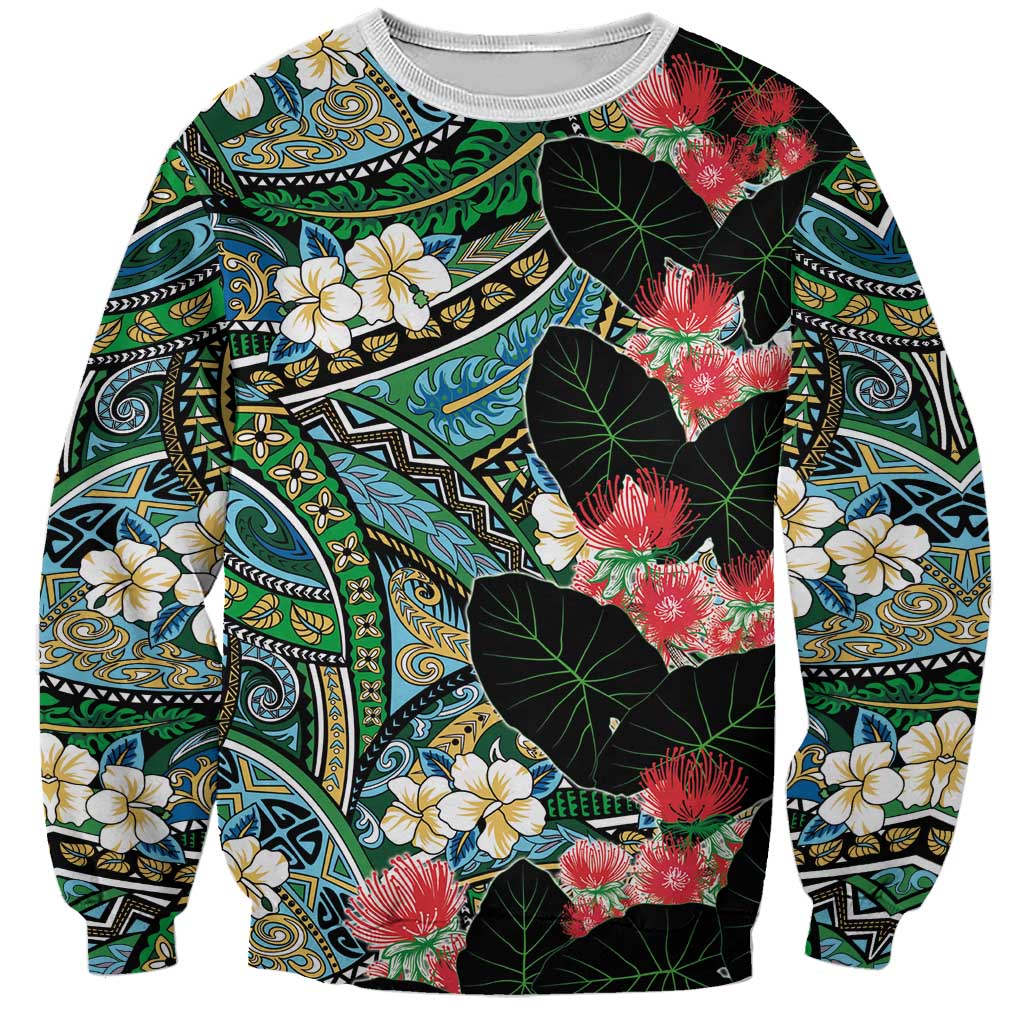 Hawaiian Taro Leaves and Ohia Lehua Sweatshirt Polynesian Tribal Art Tropical Plants Motifs Colorful LT03 Unisex Multicolor - Polynesian Pride