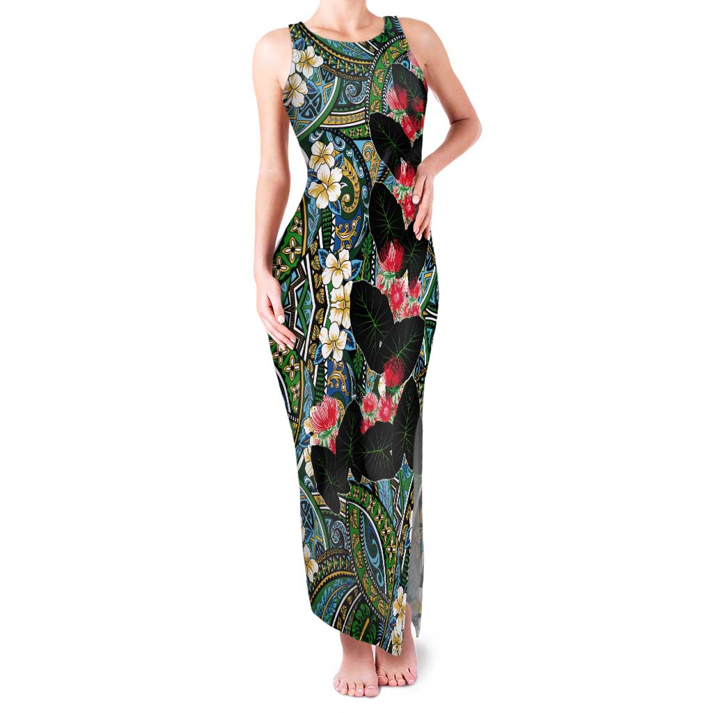 Hawaiian Taro Leaves and Ohia Lehua Tank Maxi Dress Polynesian Tribal Art Tropical Plants Motifs Colorful LT03 Women Multicolor - Polynesian Pride