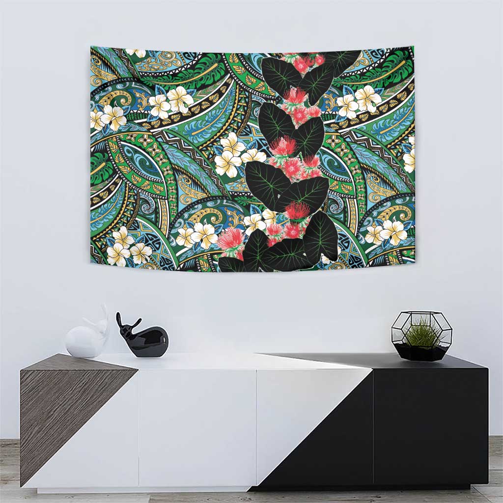 Hawaiian Taro Leaves and Ohia Lehua Tapestry Polynesian Tribal Art Tropical Plants Motifs Colorful LT03 - Polynesian Pride