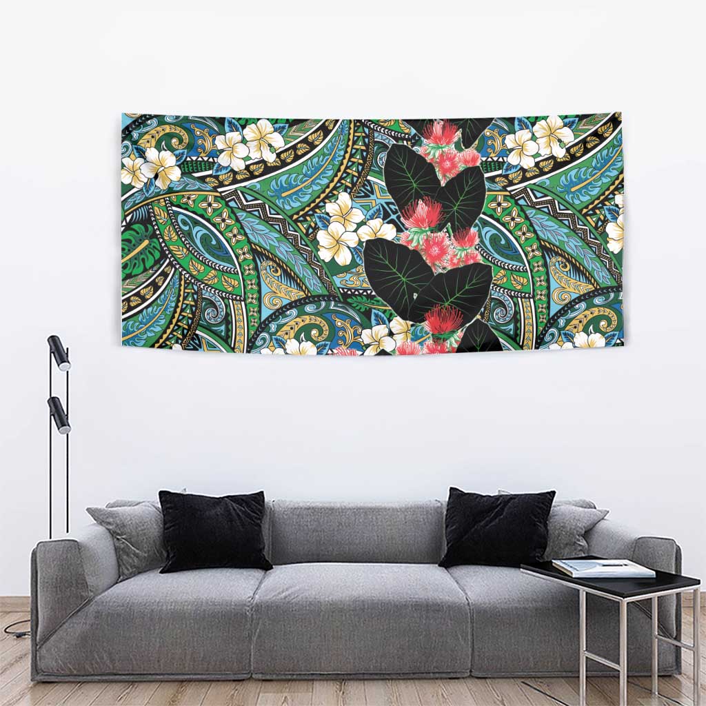 Hawaiian Taro Leaves and Ohia Lehua Tapestry Polynesian Tribal Art Tropical Plants Motifs Colorful LT03 - Polynesian Pride