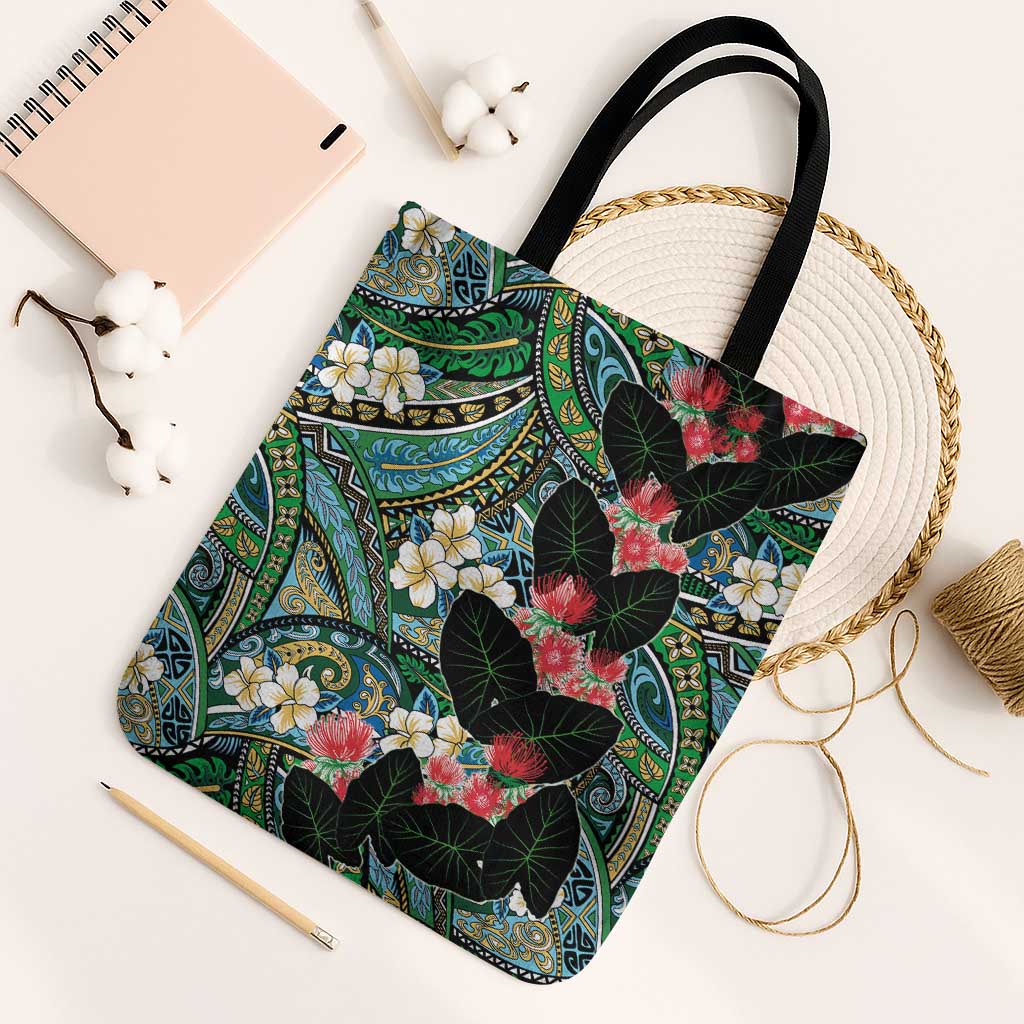 Hawaiian Taro Leaves and Ohia Lehua Tote Bag Polynesian Tribal Art Tropical Plants Motifs Colorful LT03 Black Strap One Size Multicolor - Polynesian Pride