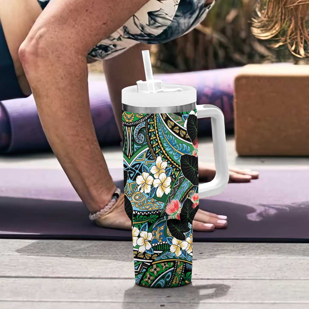 Hawaiian Taro Leaves and Ohia Lehua Tumbler With Handle Polynesian Tribal Art Tropical Plants Motifs Colorful LT03 - Polynesian Pride