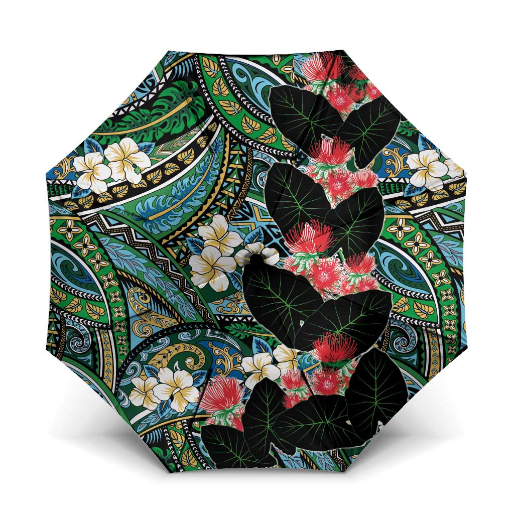 Hawaiian Taro Leaves and Ohia Lehua Umbrella Polynesian Tribal Art Tropical Plants Motifs Colorful